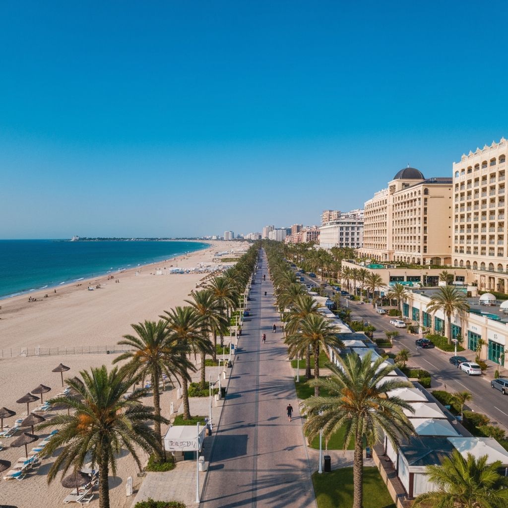 Sunny beach promenade with palm trees