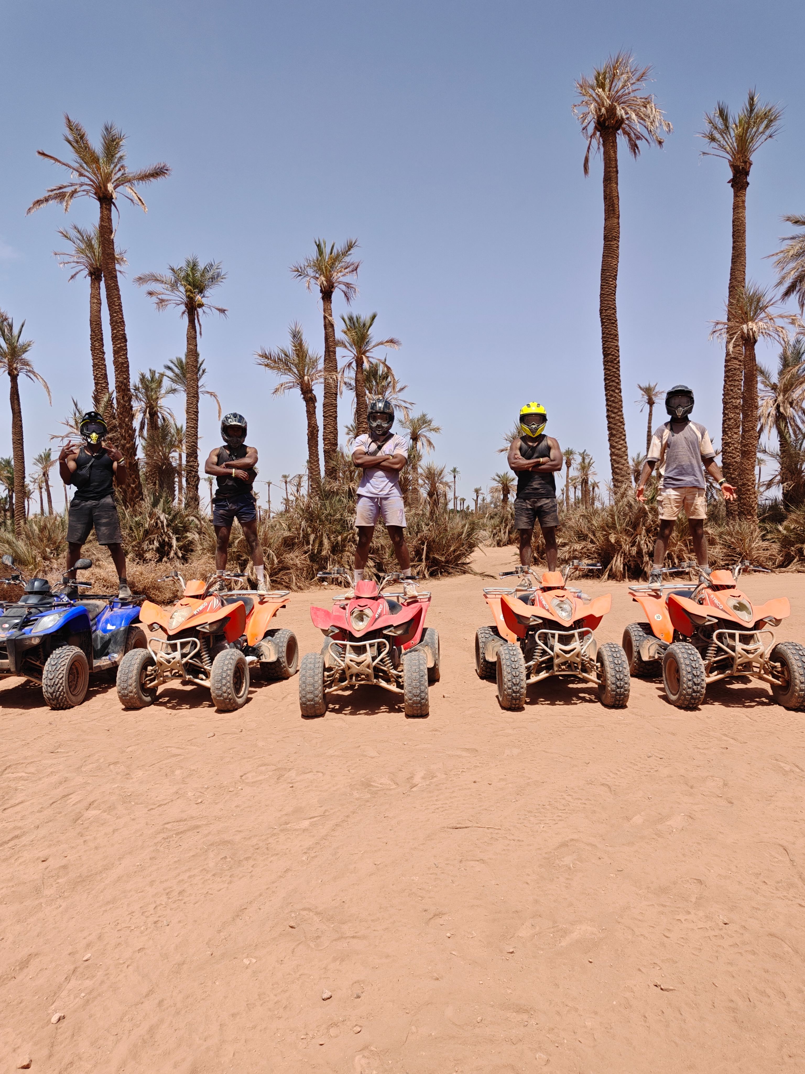 Group quad biking adventure in Moroccan desert with palm trees