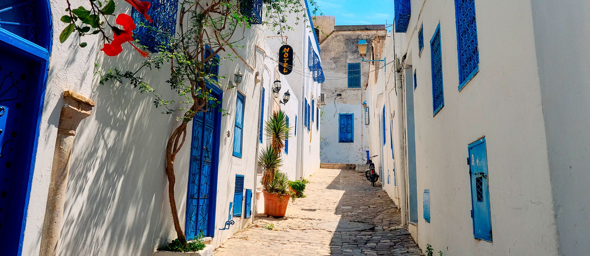 Traditional white and blue streets of Sidi Bou Said in Tunisia