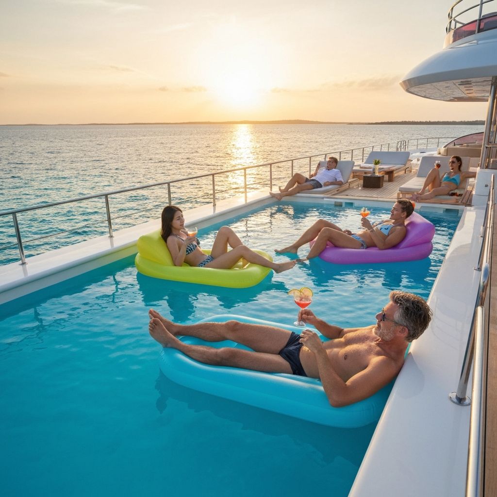 People relaxing in a pool on inflatables
